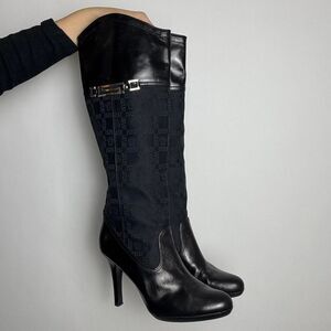 Versace Vintage Y2K Black Leather and Signature Canvas Tall Knee High Boots